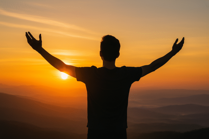 ChatGPT Image 15 de jul. de 2025, 17_30_41 Jovem de braços erguidos diante do nascer do sol, em cima de uma colina, com expressão de entrega e fé.