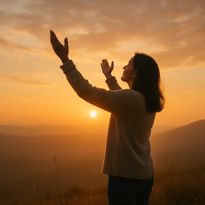 ChatGPT Image 16 de jul. de 2025, 09_04_41 Pessoa orando em pé no alto de uma colina ao entardecer, com mãos erguidas, envolta por luz suave e expressão de rendição.