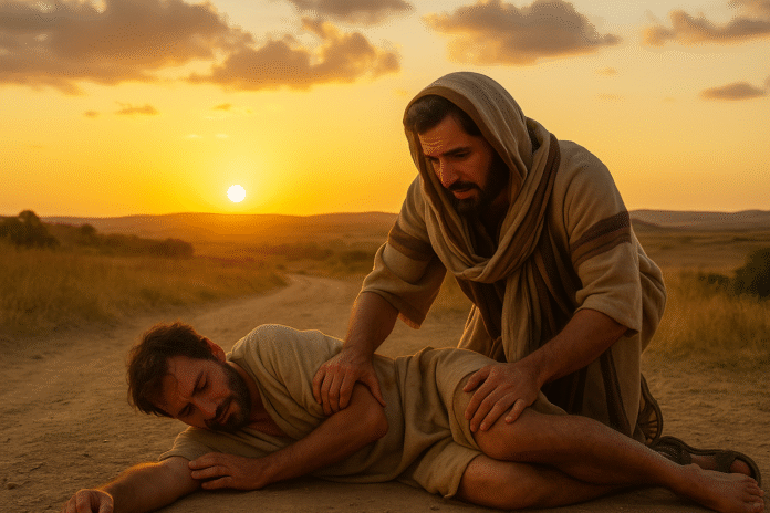 ChatGPT Image 16 de jul. de 2025, 09_24_38 Homem ajudando outro caído à beira de um caminho de terra, com expressão de compaixão, cenário ao pôr do sol.