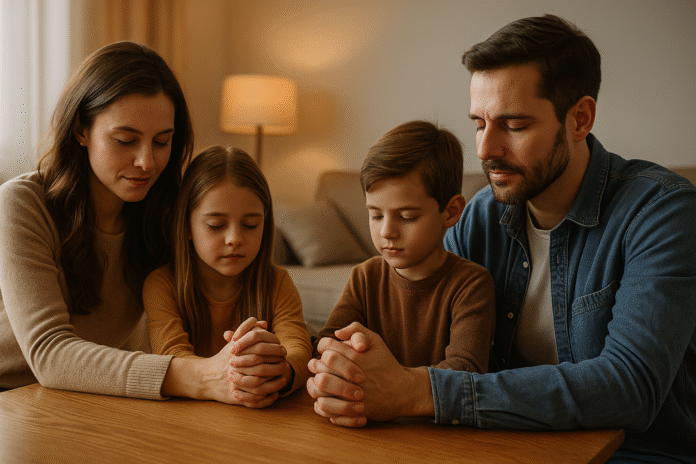 ChatGPT Image 16 de jul. de 2025, 09_40_13 Família unida orando de mãos dadas em casa, com luz suave, expressão de paz e aconchego.