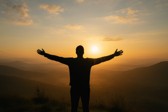 ChatGPT Image 16 de jul. de 2025, 12_44_54 Pessoa de braços abertos no alto de uma colina, luz do amanhecer ao fundo