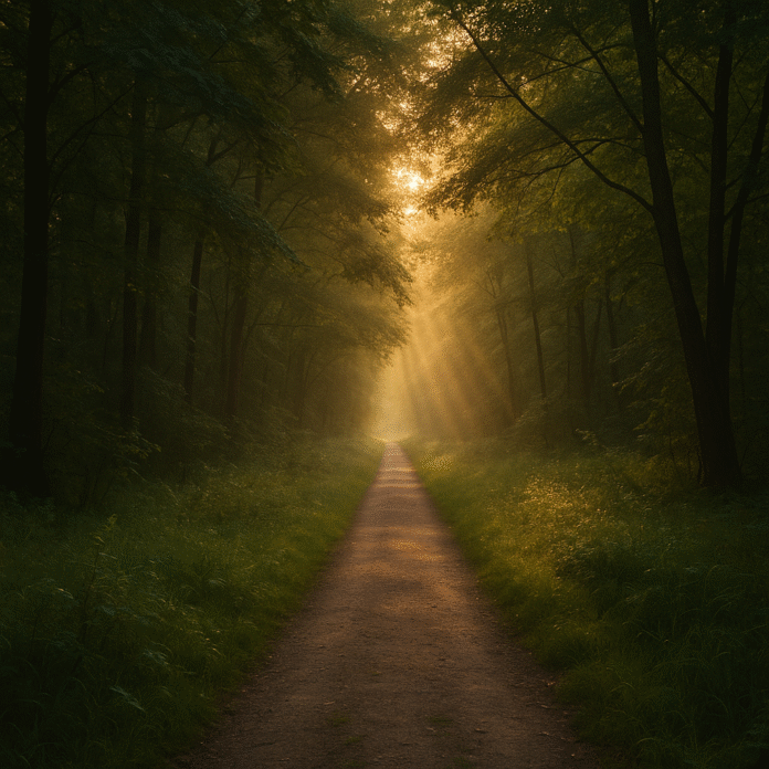 ChatGPT Image 16 de jul. de 2025, 13_28_34 Caminho estreito em meio à natureza, com luz suave atravessando árvores, simbolizando direção divina.