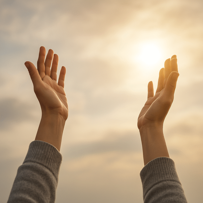 ChatGPT Image 16 de jul. de 2025, 13_39_36 Mãos erguidas ao céu, com luz suave ao fundo, representando entrega e cura divina.