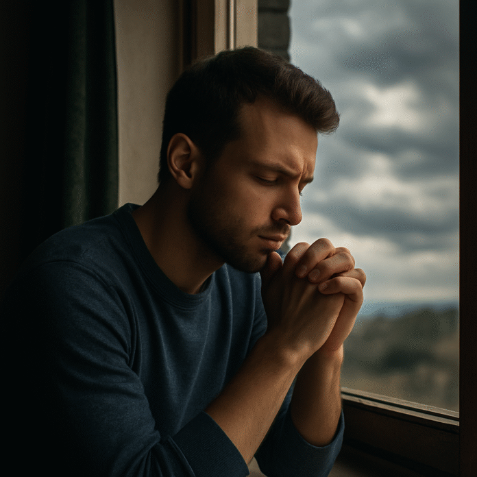 ChatGPT Image 16 de jul. de 2025, 14_02_04 Jovem orando diante de uma janela aberta, com céu nublado ao fundo, representando firmeza em meio à luta.