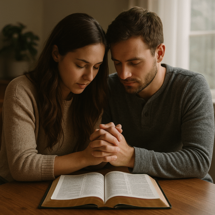 ChatGPT Image 16 de jul. de 2025, 14_40_10 Casal de mãos dadas orando juntos em casa, com uma Bíblia aberta entre eles. Luz suave entrando pela janela.