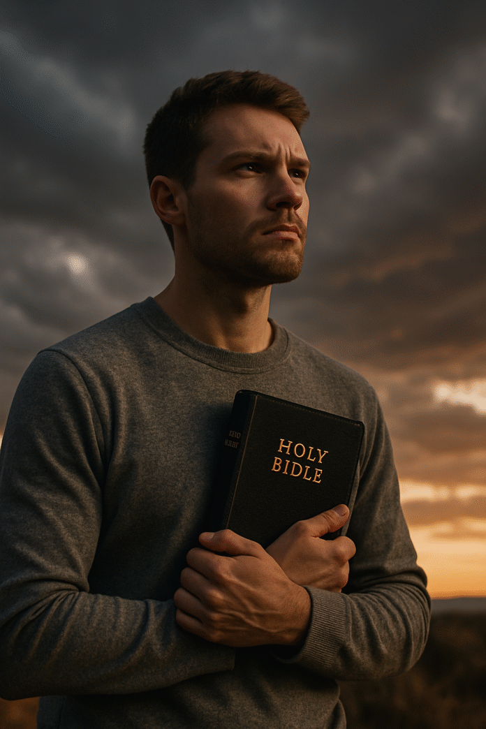 ChatGPT Image 16 de jul. de 2025, 14_52_13 Pessoa com uma Bíblia nas mãos, olhando firme para o horizonte, com cenário de céu dramático ao fundo, representando fé e firmeza.