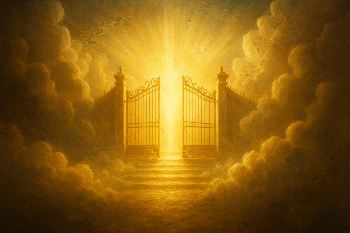 ChatGPT Image 16 de jul. de 2025, 15_45_49 "Portões dourados se abrindo para um jardim celestial, com luz intensa e presença divina ao fundo."