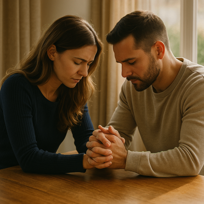 ChatGPT Image 16 de jul. de 2025, 17_29_55 Mulher ou casal de mãos dadas orando dentro de casa, com luz suave entrando pela janela