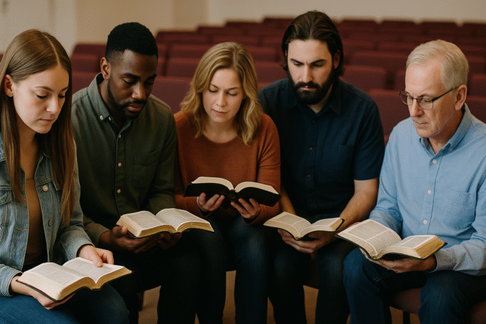 ChatGPT Image 24 de jul. de 2025, 17_39_19 pessoas lendo a Bíblia em grupo na igreja