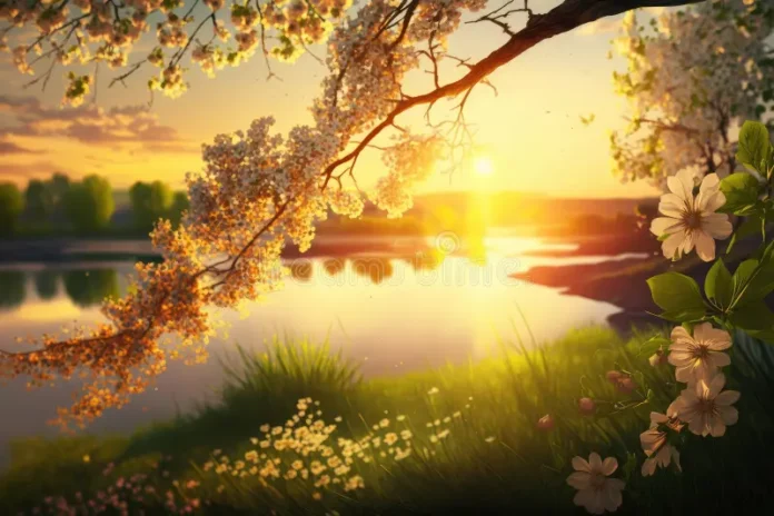 bela-estação-da-primavera-ensolarada-popular-no-verão-o-belo-sol-é-uma-visão-se-segurar-calor-dos-raios-solares-mudança-274094993 Imagem de paisagem ensolarada e vibrante, com leveza e esperança