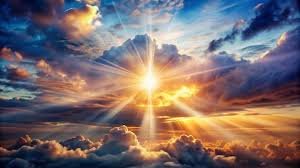 images (1) Céu aberto com nuvens suaves e raios de sol iluminando um campo florido — representando a ternura e a misericórdia divina.