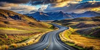 images Paisagem de uma estrada sinuosa entre montanhas verdes ao amanhecer, com o céu iluminado suavemente, simbolizando entrega e direção divina.