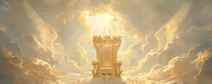 majestoso-trono-dourado-de-deus-no-céu-cercado-nuvens-brancas-e-luz-solar-divina-segunda-vinda-jesus-christ-cena-bíblica-331025703 imagem com o trono real em uma sala celestial dourada, luz suave descendo do alto, simbolizando realeza, justiça e eternidade.