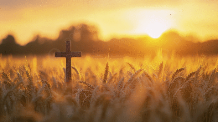 pngtree-a-cross-in-the-middle-of-wheat-field-at-sunset-symbolizing-picture-image_15792462 Um campo dourado ao pôr do sol, com uma trilha clara atravessando o horizonte, simbolizando propósito, esperança e direção