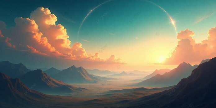 pngtree-a-serene-landscape-with-majestic-mountains-under-colorful-sky-showcasing-fluffy-image_17014532 Céu estrelado sobre uma paisagem serena ao amanhecer, com luz surgindo no horizonte — representando o princípio da criação.