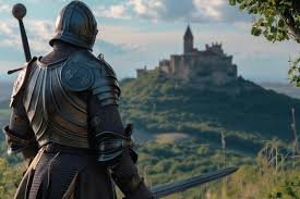 download (8) um guerreiro com armadura olhando para o céu em atitude de confiança.