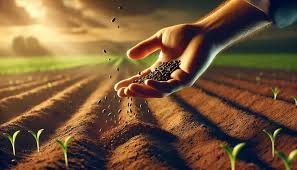images mãos semeando em terra fértil sob o brilho suave do sol.