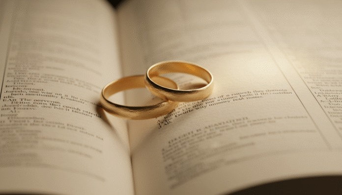 Alianças Douradas - Eclesiastes 4_12 Alianças douradas sobre as páginas de Eclesiastes 4:12, representando a união do casal com Deus.