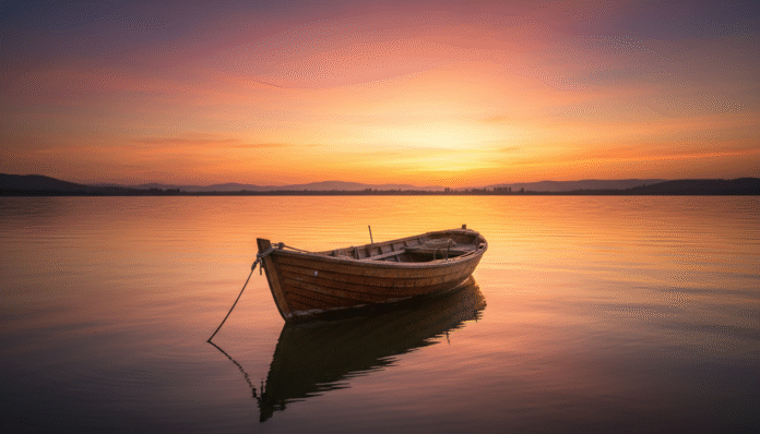 Barco ao Pôr do Sol - Jesus Acalma as Tempestades Cena de um barco ao pôr do sol em águas tranquilas, representando o poder de Jesus que acalma as tempestades.