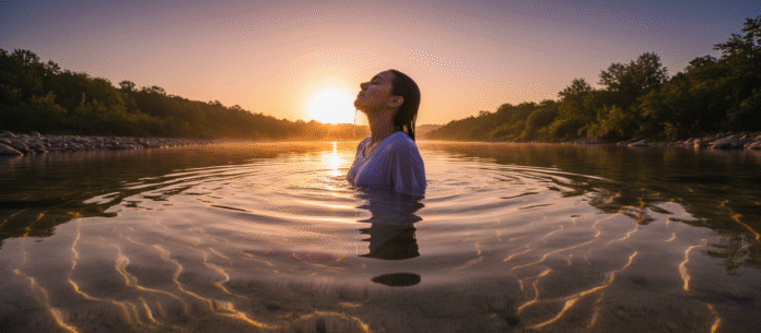 Batismo ao Amanhecer Imagem de uma pessoa sendo batizada em águas ao amanhecer, representando o novo nascimento em Cristo.