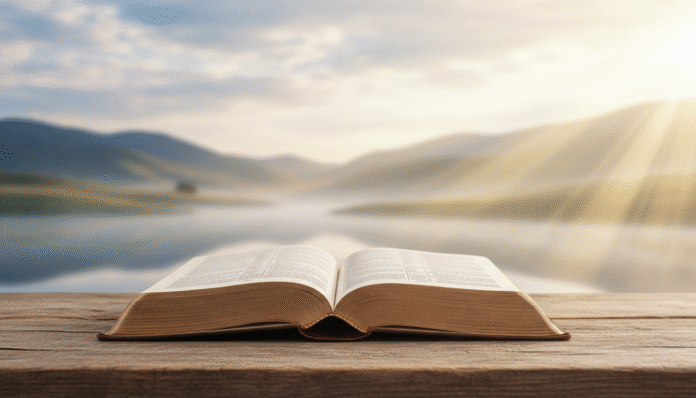 Bíblia Aberta - Lucas 12_32 - Luz Suave Bíblia aberta em Lucas 12:32 com luz suave e fundo sereno