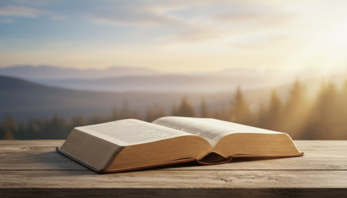 Bíblia Aberta - Mateus 6_33 - Luz da Manhã Bíblia aberta em Mateus 6:33 iluminada pela luz da manhã