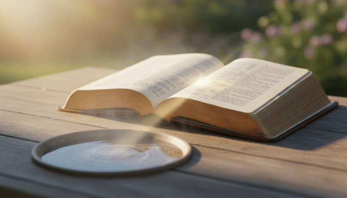 Bíblia Aberta - Romanos 8_28 Bíblia aberta sobre uma mesa, com destaque para o versículo Romanos 8:28, representando o agir de Deus em todas as coisas.