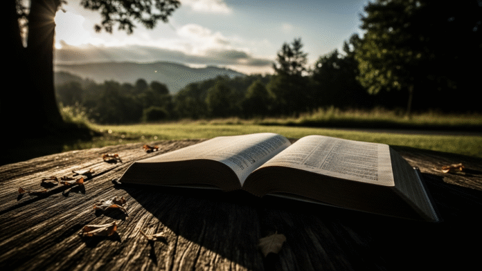 Bíblia Aberta em Cenário Calmo A paz que Deus oferece é sobrenatural. Ela não depende das circunstâncias externas, mas da certeza de que Ele está no controle. Enquanto a paz do mundo é passageira, a paz de Cristo é firme, mesmo em meio às tempestades.