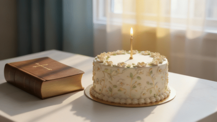 Bolo com Vela e Bíblia 1200x675 bolo com vela acesa ao lado de uma Bíblia aberta, representando celebração e propósito em Deus.