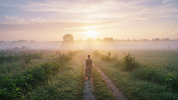 Caminhada Humilde Amanhecer 1200x675 Imagem de uma pessoa caminhando sob a luz suave do amanhecer, representando a caminhada humilde com Deus.