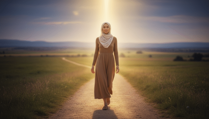 Caminhando sob a Luz - Obediência e Comunhão pessoa caminhando sob a luz, simbolizando obediência e comunhão com Deus.