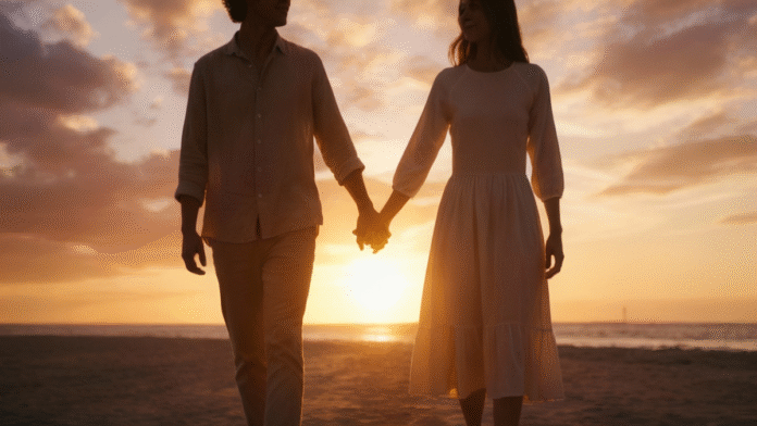 Casal ao Pôr do Sol 1200x675 casal caminhando juntos ao pôr do sol, representando a união e o amor divino no casamento.