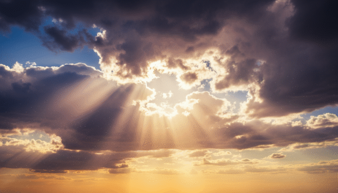 Céu Iluminado por Raios de Sol - Provisão Divina Céu iluminado por raios de sol atravessando nuvens, simbolizando a provisão divina