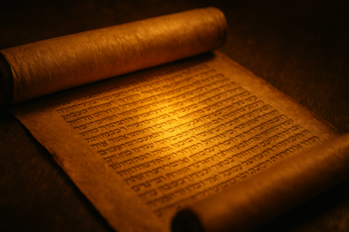 ChatGPT Image 3 de out. de 2025, 15_52_44 um pergaminho antigo aberto com luz dourada incidindo sobre as palavras