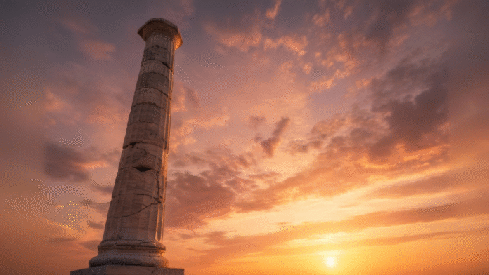 Coluna de Templo ao Amanhecer 1200x675 Imagem de uma coluna de templo antigo ao amanhecer, simbolizando a promessa de firmeza que Deus faz aos Seus filhos.