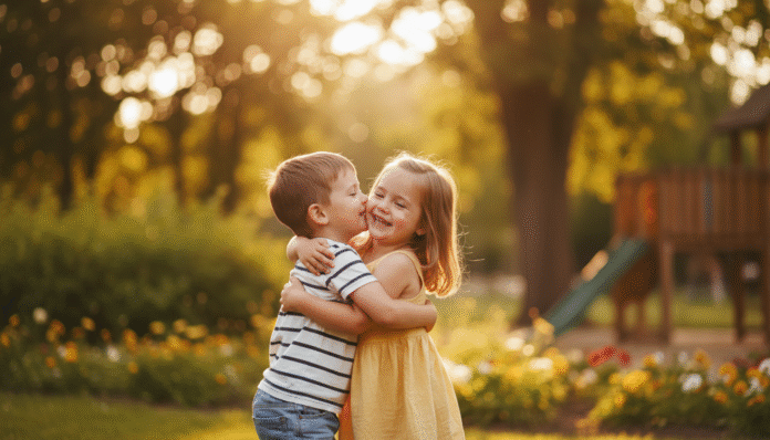 Crianças Abraço Perdão Imagem de uma criança abraçando um amigo com alegria, representando o poder do perdão ensinado desde cedo.