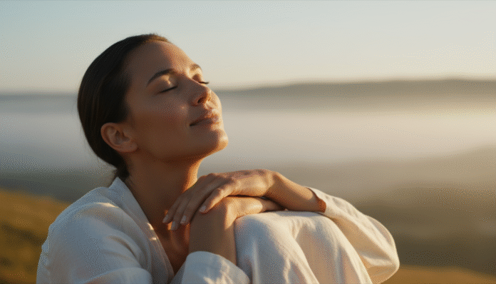 Descanso e Paz - Confiança em Deus pessoa em paz à beira do lago, simbolizando confiança em Deus.