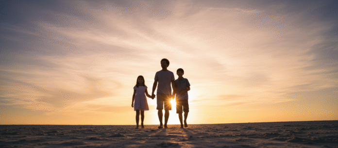 Família ao Pôr do Sol Imagem de pais e filhos caminhando juntos ao pôr do sol, representando o reflexo do amor de Cristo nas relações familiares.