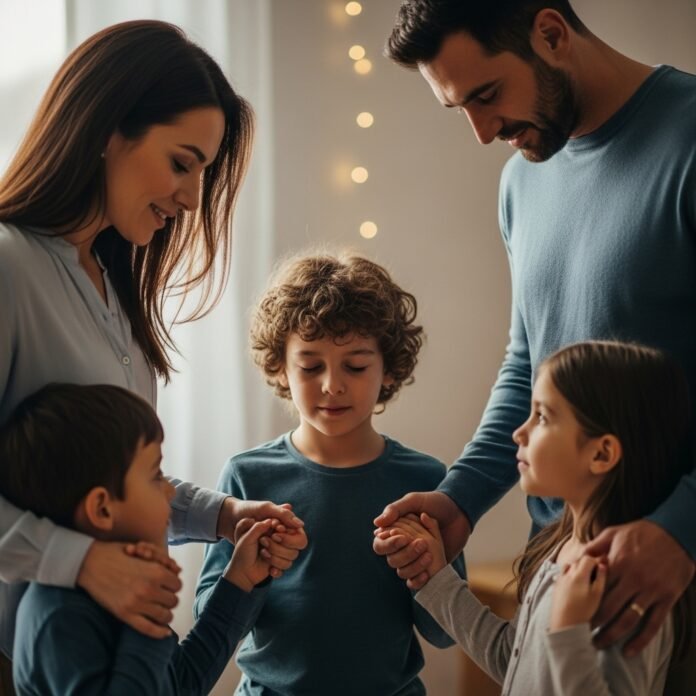 Família em Oração Pais e filhos de mãos dadas em oração, representando o poder do exemplo na formação espiritual das crianças.