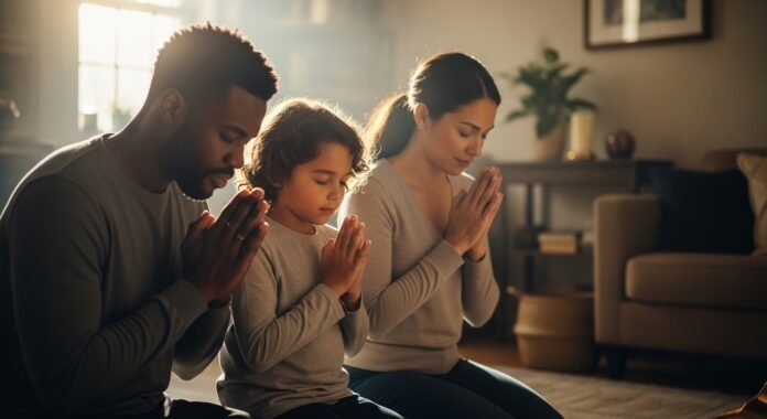Família em oração Imagem de uma criança orando com os pais, representando o ensino da oração em família.