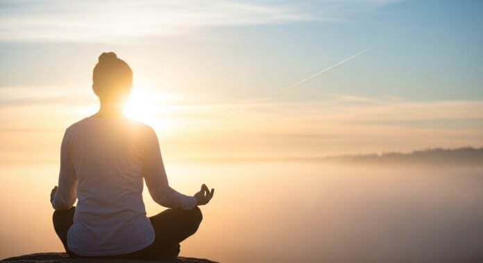 Figura em paz ao amanhecer Figura em paz diante da luz suave do amanhecer, representando o descanso da alma em Cristo.