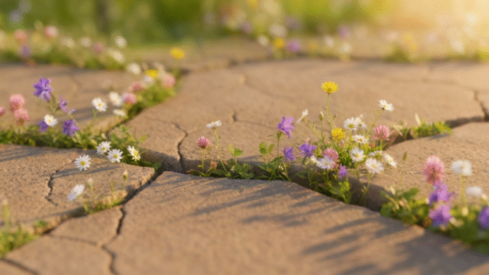 Flores entre Rachaduras 1200x675 Imagem de flores surgindo entre rachaduras no chão, representando o poder de Deus em restaurar o que parecia perdido.