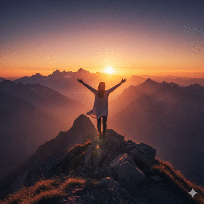Gemini_Generated_Image_1dd0181dd0181dd0 Uma pessoa de braços erguidos sob o pôr do sol, expressando gratidão e adoração.