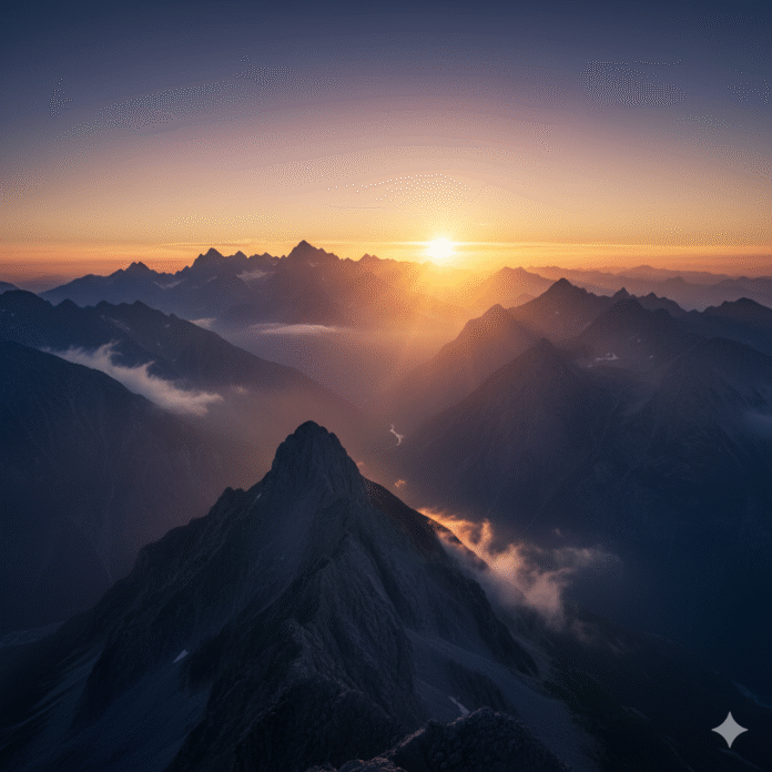 Gemini_Generated_Image_3fyb0x3fyb0x3fyb Um nascer do sol iluminando montanhas, simbolizando o fim da noite e a chegada da esperança.