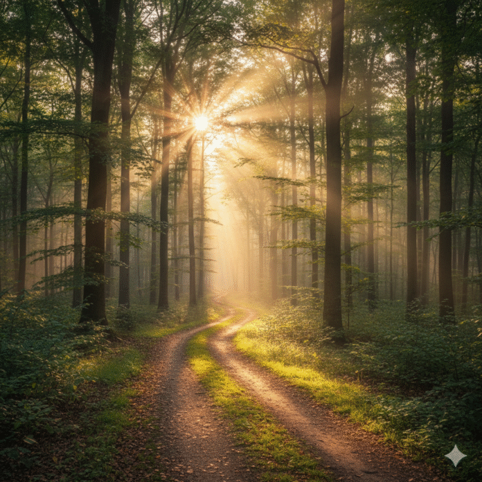 Gemini_Generated_Image_51i3ds51i3ds51i3 (1) um caminho iluminado pelo nascer do sol entre árvores, simbolizando direção divina e recomeço