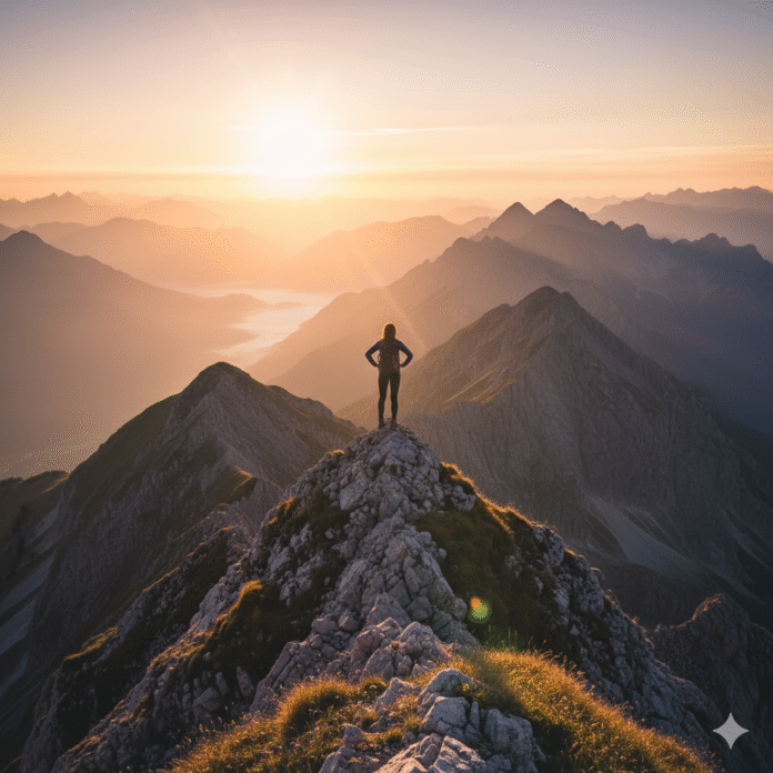 Gemini_Generated_Image_aexzb3aexzb3aexz Uma pessoa de pé no alto de uma montanha, olhando o horizonte com luz dourada, simbolizando coragem e fé.