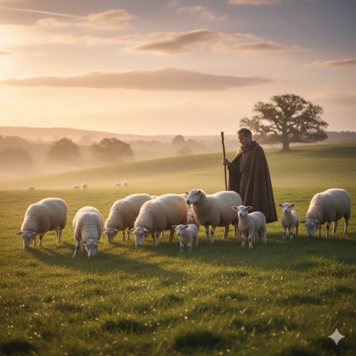 Gemini_Generated_Image_v3rj4tv3rj4tv3rj Um pastor cuidando de ovelhas em um campo verde sob a luz suave do entardecer.