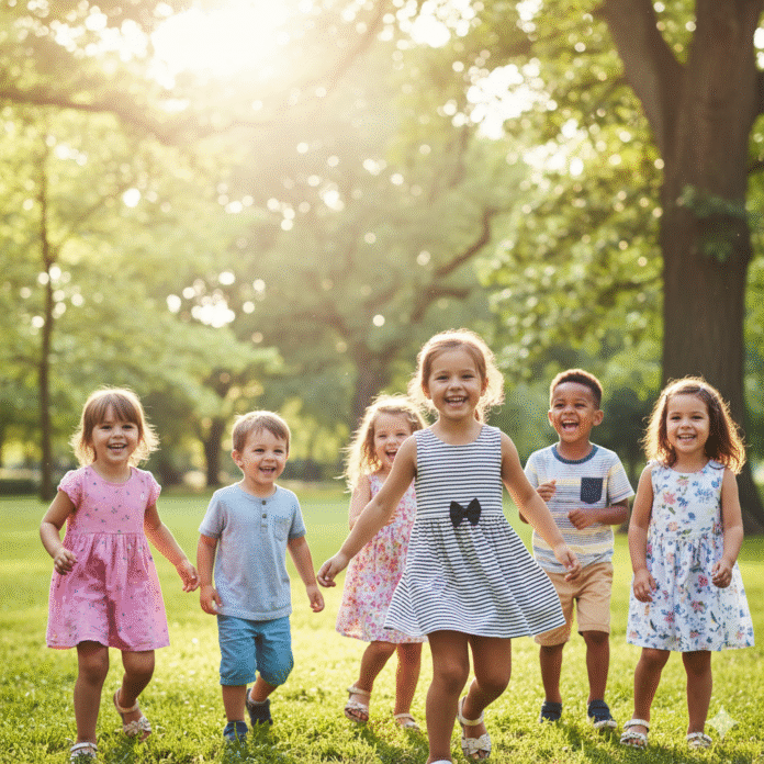 Gemini_Generated_Image_wcs93gwcs93gwcs9 Crianças sorrindo sob o sol, com árvores ao fundo, simbolizando alegria e inocência.