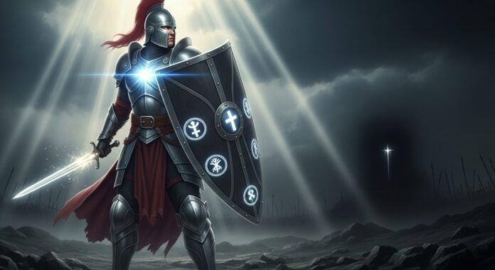Guerreiro de luz armadura espiritual Imagem simbólica de um guerreiro de luz com espada e escudo, representando a armadura espiritual descrita em Efésios 6.