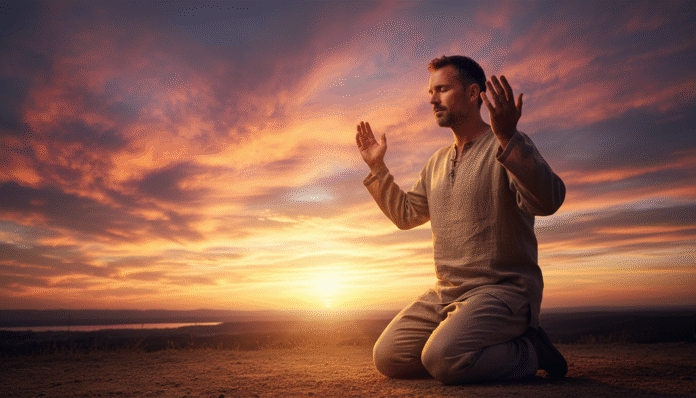 Homem Ajoelhado ao Pôr do Sol - Adoração Homem ajoelhado ao pôr do sol com as mãos erguidas em adoração